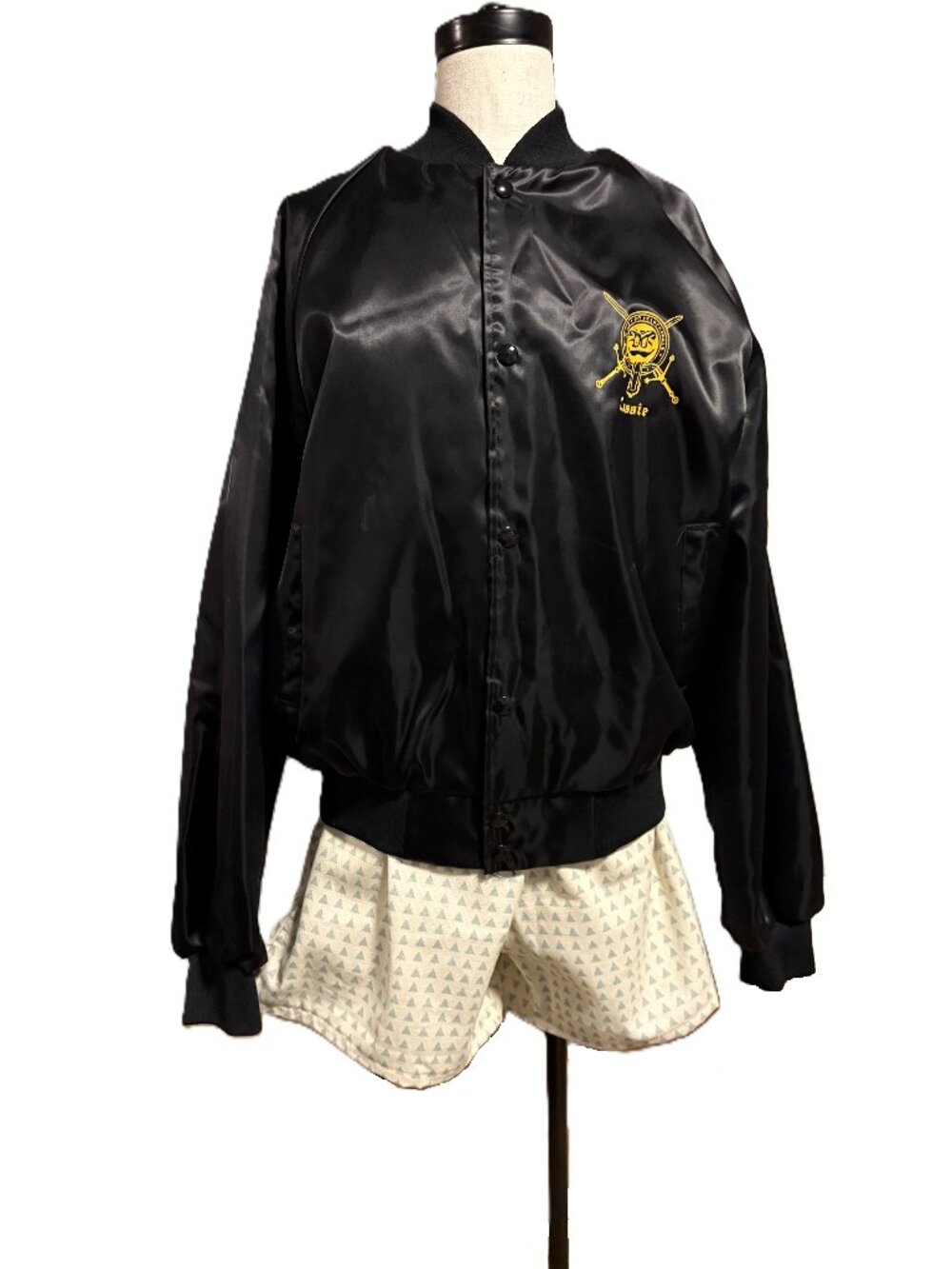Vintage 90s Bomber Style Satin Snap Jacket | Highlander Graphic | Size Large